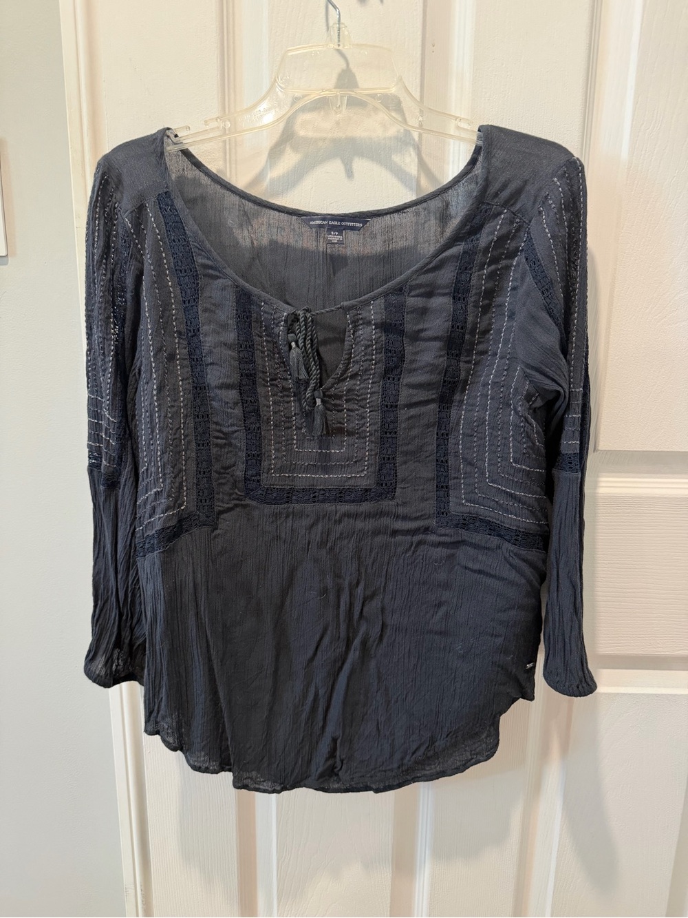 Black American Eagle AEO Embroidered Peasant Top